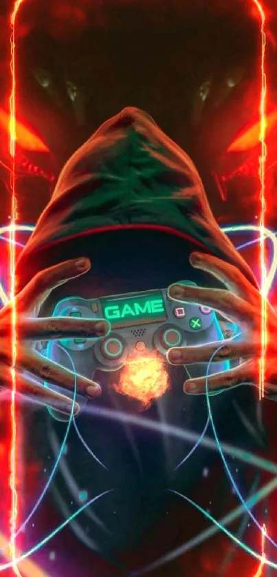 Hooded figure holding game controller with neon lights and vibrant colors.