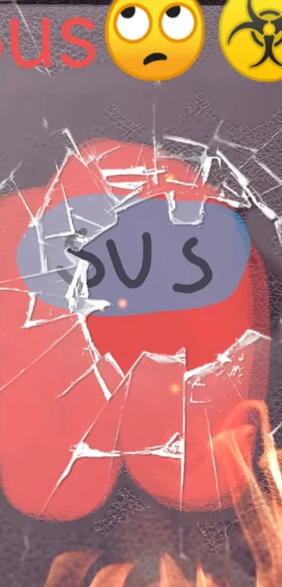 Vibrant red impostor wallpaper with shattered screen and emojis.