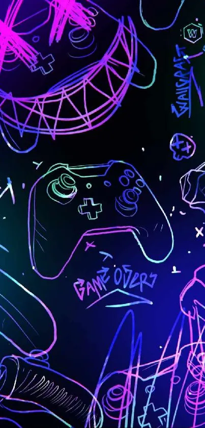 Neon gaming design with controllers and vibrant colors on phone wallpaper.