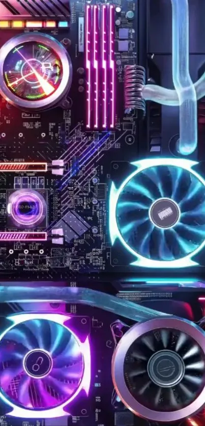 RGB-lit gaming PC hardware with colorful fans and components.