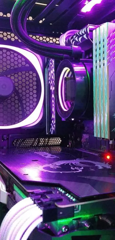 Colorful gaming PC with purple LED lights.