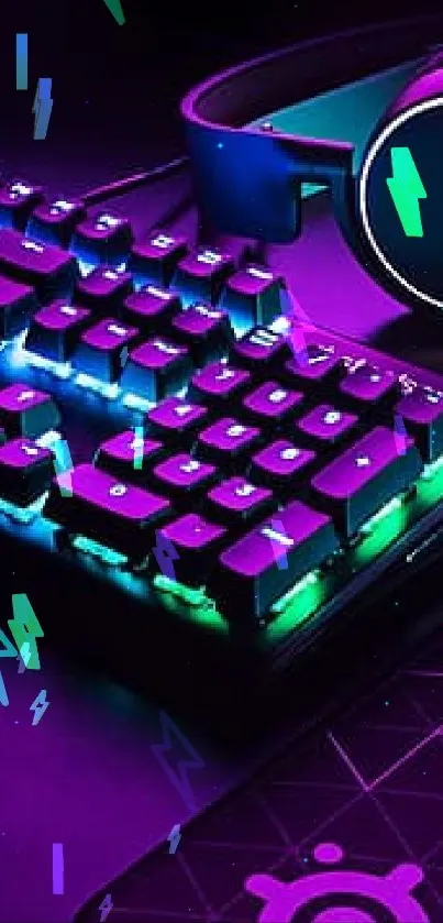 Vibrant neon gaming setup with keyboard, mouse, and headset.