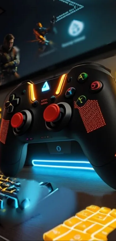 Vibrant gaming setup with illuminated controller and keyboard.