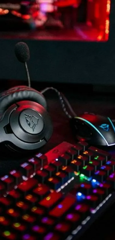 Vibrant gaming setup with RGB keyboard and headset.