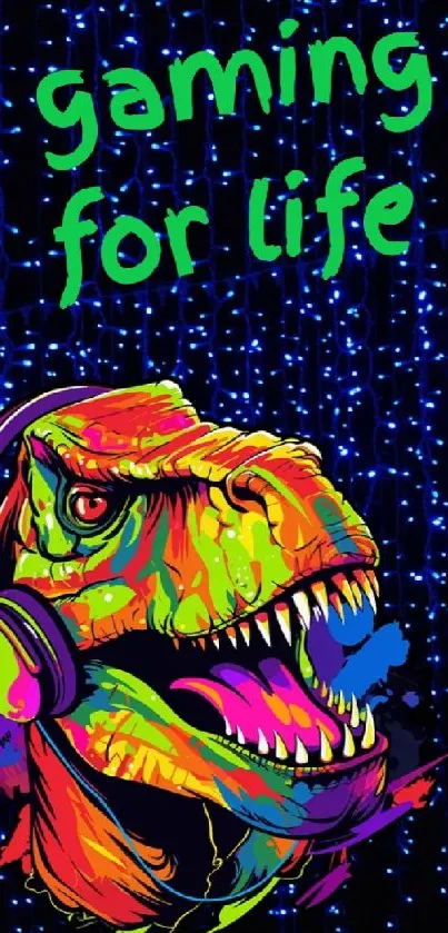 Colorful T-Rex wearing headphones on a neon themed gaming wallpaper.