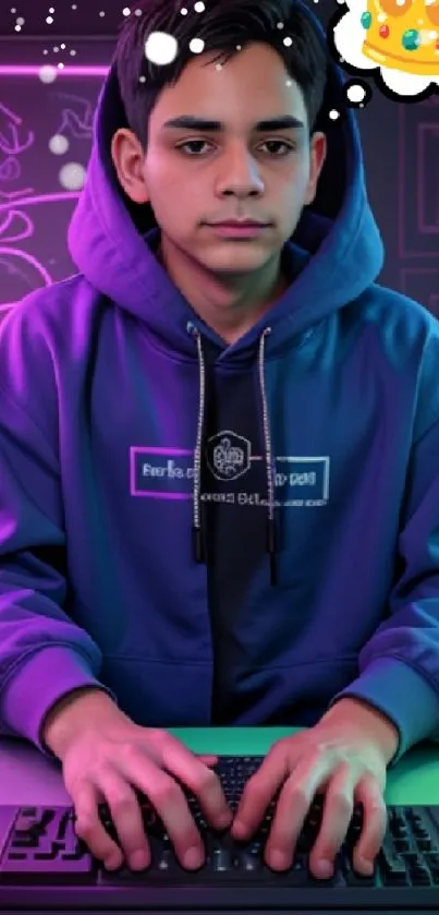 Young gamer in blue hoodie with neon background playing on a keyboard.