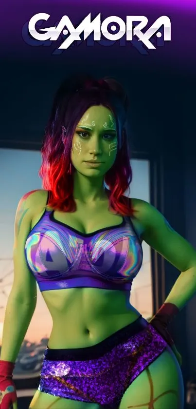 Vibrant digital art of Gamora in purple and green attire.