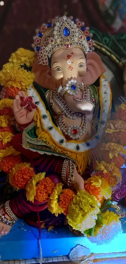 Vibrant Ganesh idol adorned with yellow marigolds on a decorative stand.