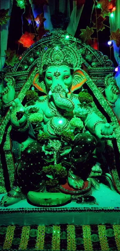 Vibrant green Lord Ganesh with colorful lights.