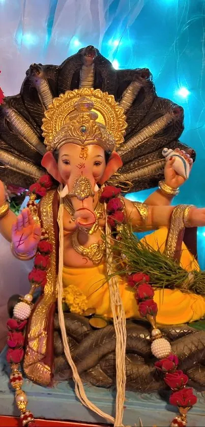 Colorful Lord Ganesh wallpaper with festive decor and lights.