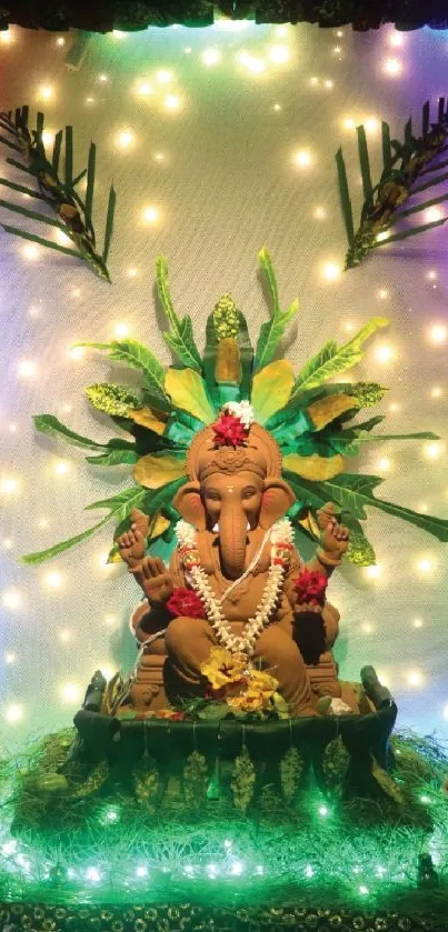 Ganesh festival mobile wallpaper with vibrant decorations and colorful lights.