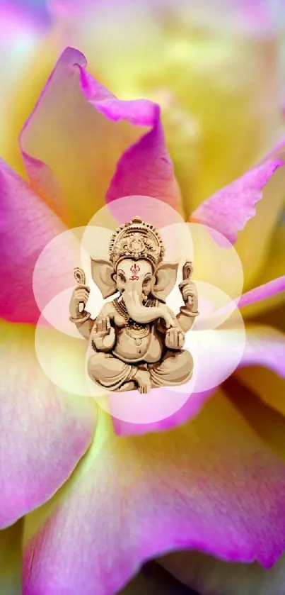 Ganesh surrounded by vibrant flower petals on mobile wallpaper.