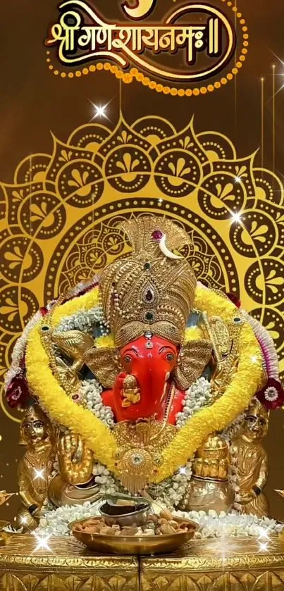 Ganesh Ji mobile wallpaper with golden mandala background.