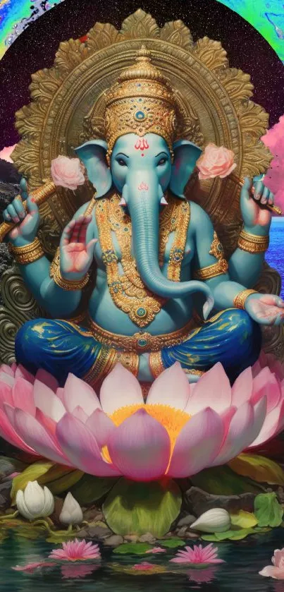 Ganesh seated on a lotus with a cosmic backdrop and vibrant colors.