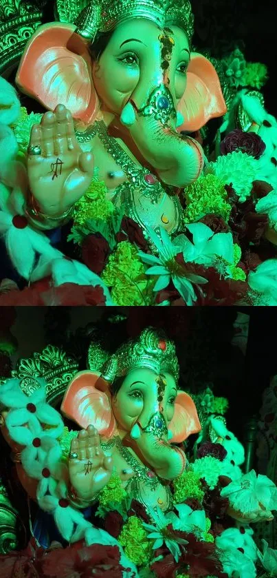 Colorful Lord Ganesh with flowers in green glow wallpaper.