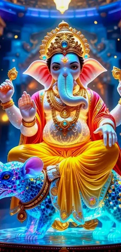 Colorful depiction of Lord Ganesh on a vibrant mobile wallpaper.
