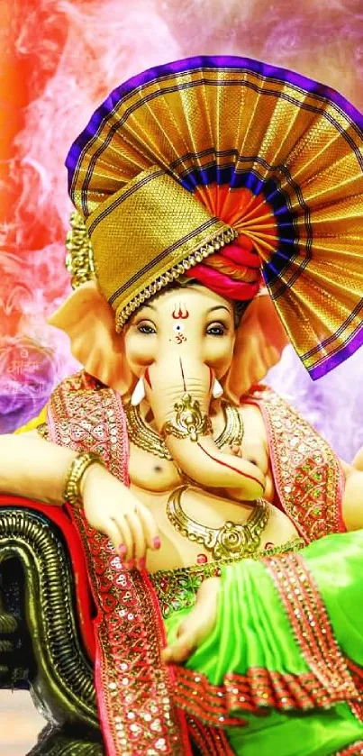 Colorful Ganesh mobile wallpaper with vibrant orange and green hues.