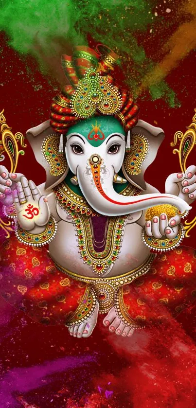 Colorful Ganesha art on a red background.