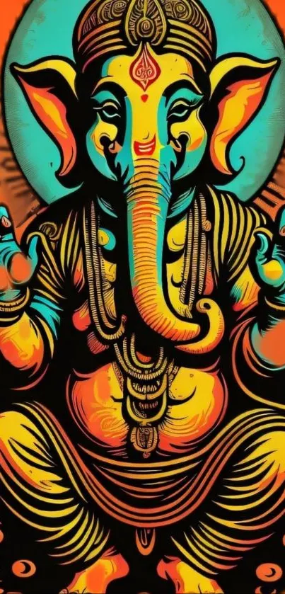 Colorful Ganesha art with orange and turquoise hues for mobile wallpaper.