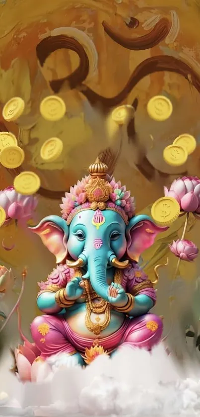 Vibrant depiction of Ganesha with lotus and coins in rich colors.