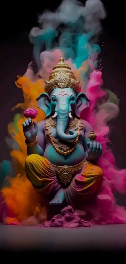 Vibrant Ganesha art with colorful smoke accents for mobile wallpaper.