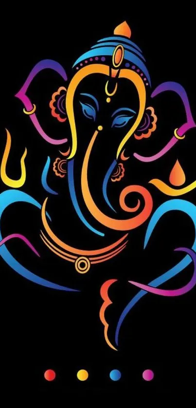 Colorful Ganesha art on a black background mobile wallpaper.