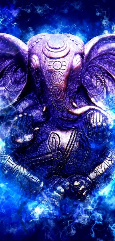 Vibrant purple Ganesha with blue smoke on a phone wallpaper.