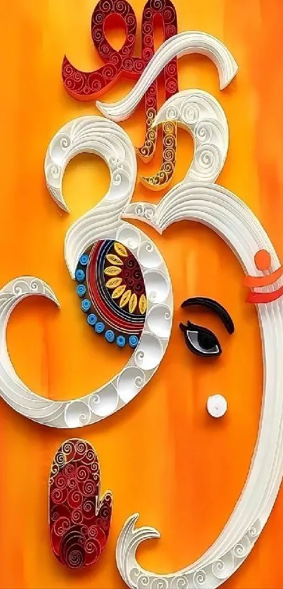 Intricate Ganesha quilling art on vibrant orange background.