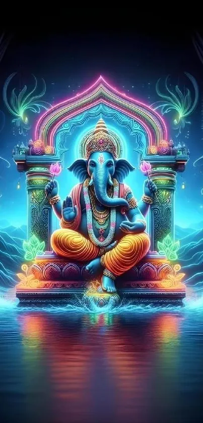 Vibrant artistic Ganesha on neon background