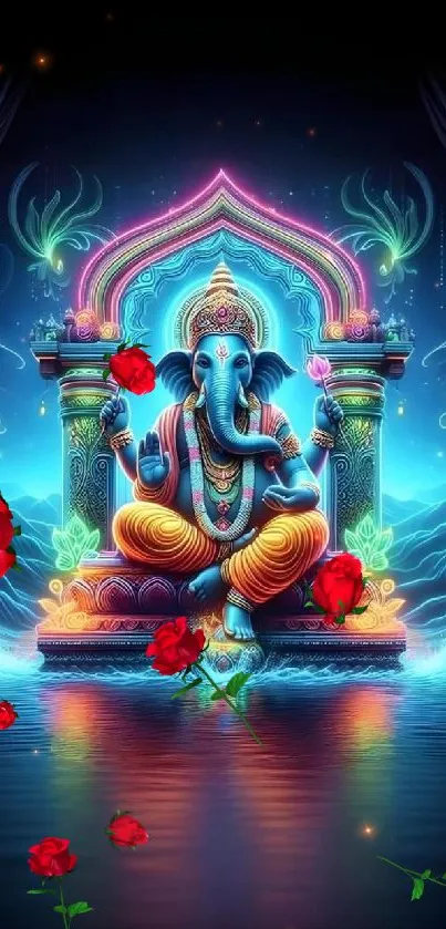 Artistic Ganesha sitting in vibrant colors with roses.