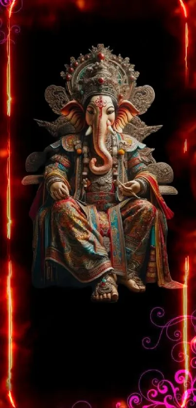 Intricate Ganesha artwork on vibrant red background.