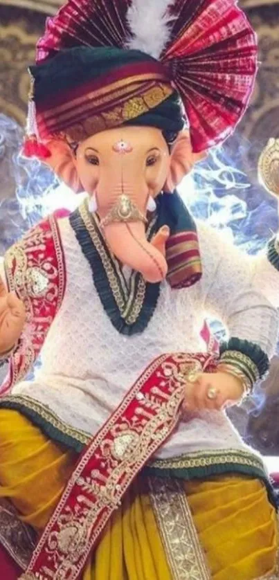 Ganesha in traditional attire, vibrant colors, mobile wallpaper.