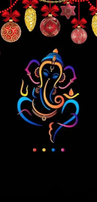 Vibrant Ganesha wallpaper with festive decorations on black background.