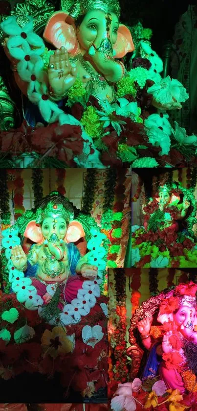 Colorful Ganesha festival wallpaper with floral decorations.