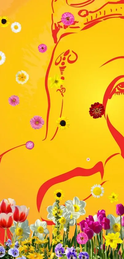 Saffron Ganesha wallpaper with vibrant flowers.