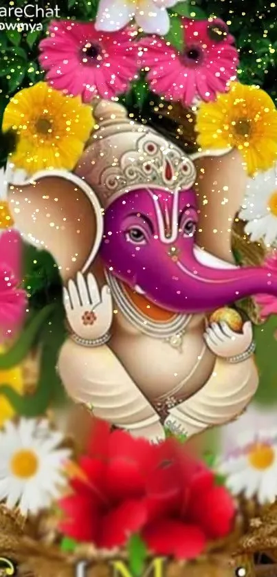 Ganesha surrounded by colorful flowers with a pink hue.