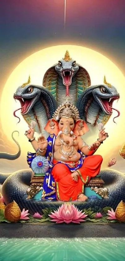 Vibrant Ganesha with serpents under a glowing circle in colorful background.