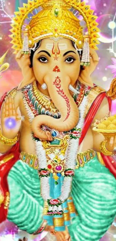 Colorful mobile wallpaper of Lord Ganesha with vibrant gold and teal hues.