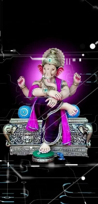 Ganesha with a vibrant glow on a black background, designed for mobile screens.