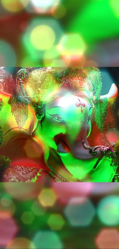 Colorful Ganesha with glowing green hues and intricate design.