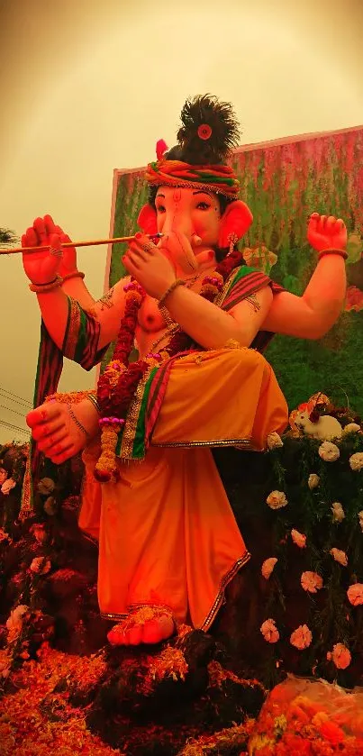 Vibrant Lord Ganesha statue with floral decorations.