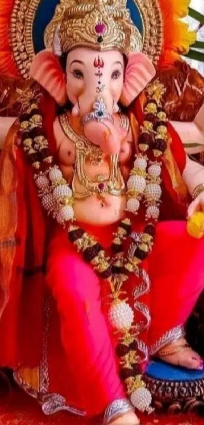 Ganesha with vibrant decorations and colorful attire in a spiritual setting.