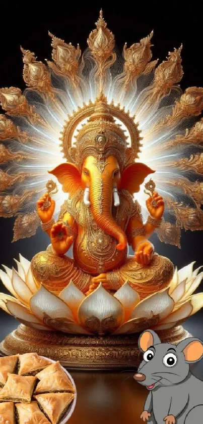 Vibrant Ganesha statue with golden glow.