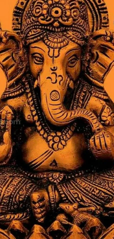 Ganesha statue on vibrant orange background, perfect for mobile wallpaper.