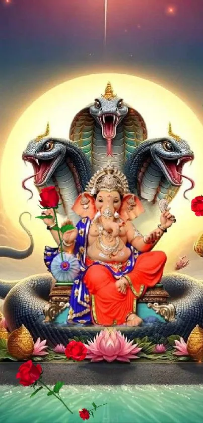 Ganesha seated with serpents and vibrant elements.