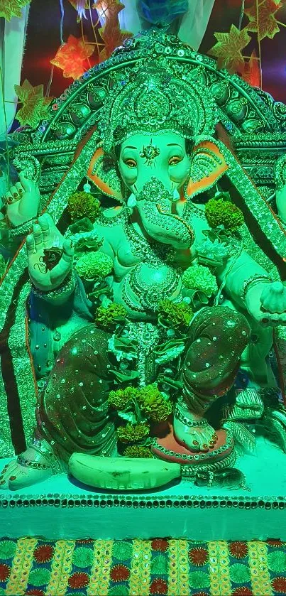 Colorful Ganesha statue with vivid lights.