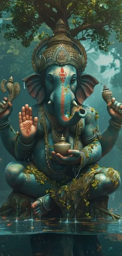 Vibrant Ganesha artwork in a serene forest setting, showcasing spiritual elements.