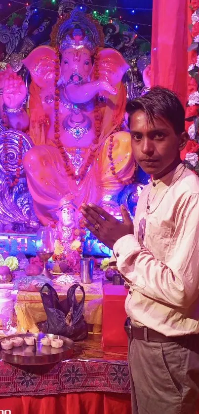 Vibrant Ganesha temple scene with colorful decor and offerings.