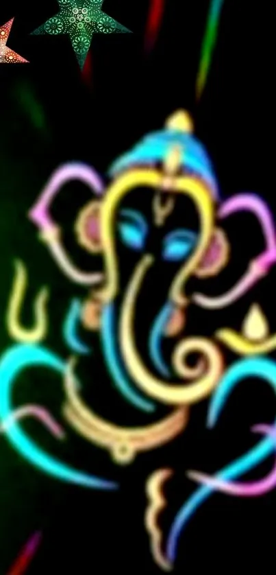 Vibrant neon Ganesha design with colorful stars on a dark background.