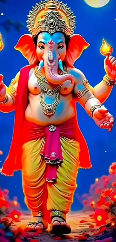 Vibrant Ganesha illustration with glowing lamps
